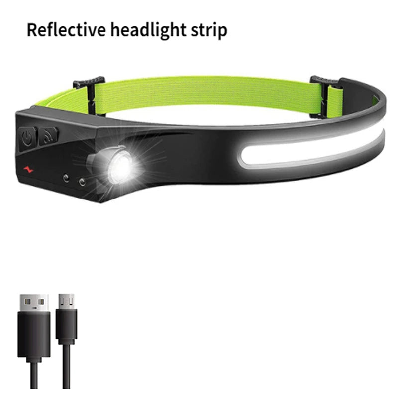 COB LED Headlamp Sensor Headlight with Built-in Battery Flashlight USB Rechargeable Head Lamp Torch 5 Lighting Modes Work Light