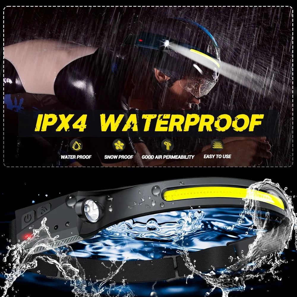 COB LED Headlamp Sensor Headlight with Built-in Battery Flashlight USB Rechargeable Head Lamp Torch 5 Lighting Modes Work Light