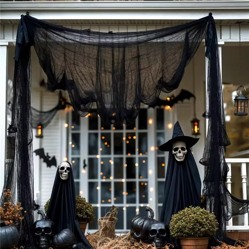 Chiffons effrayants noirs pour Halloween, 76x198cm, maille, filet de gaze pour fête d'halloween, toile d'araignée, gaze murale, accessoires de scène de terreur