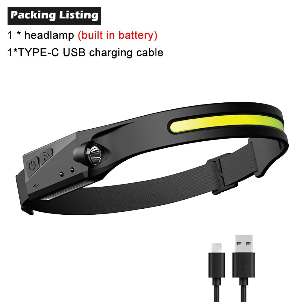 COB LED Headlamp Sensor Headlight with Built-in Battery Flashlight USB Rechargeable Head Lamp Torch 5 Lighting Modes Work Light