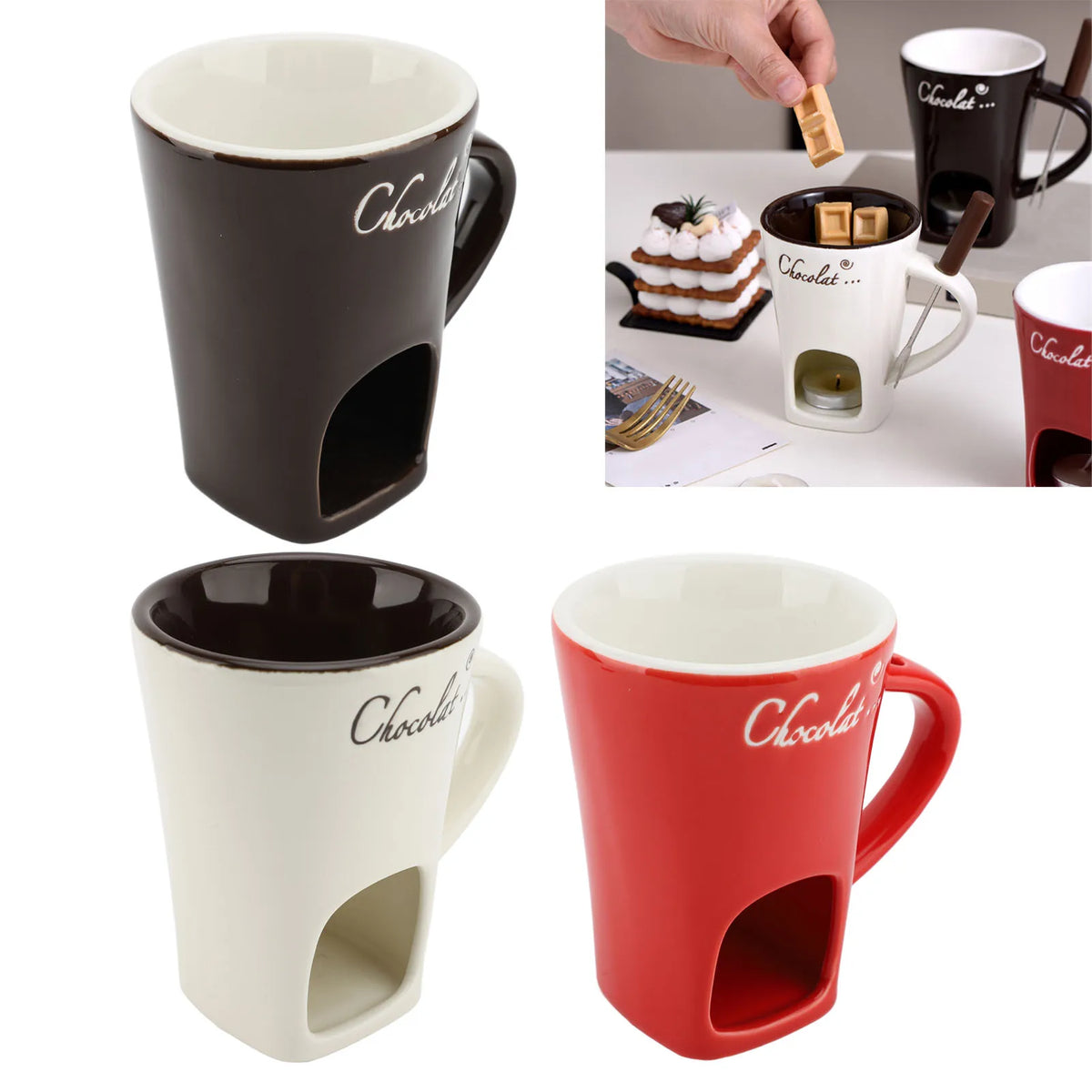 Chocolate Melting Fondue Mug Ceramic Butter Warmer Pot Chocolate Melting Supplies with Fork for Kitchen