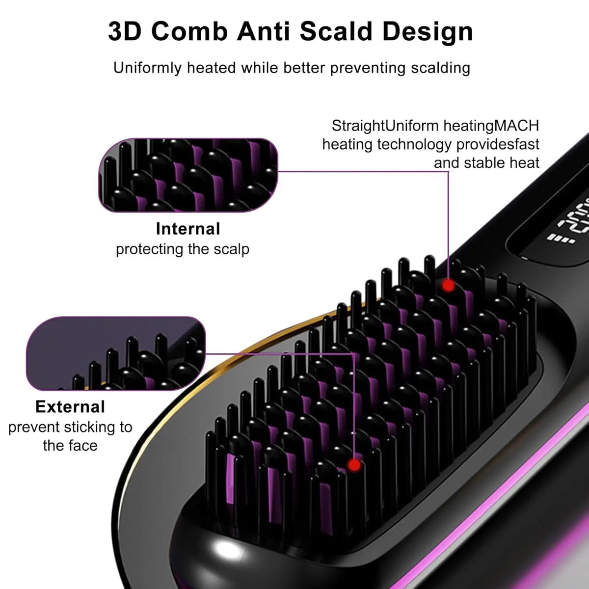 USB Charging Portable Hair Straightener Brush, Cordless Straightening Comb LED Display & Ceramic Coating, Ionic Technology