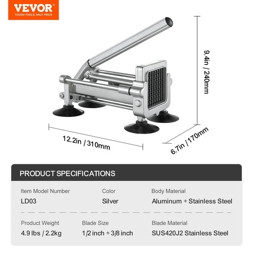 VEVOR French Fry Cutter, Potato Slicer with 1/2-Inch and 3/8-Inch